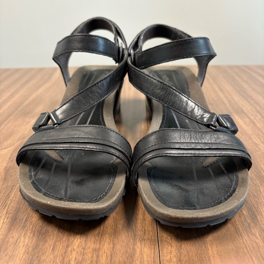 Teva Black Leather Heeled Sandals with Adjustable Straps and Contoured Sole